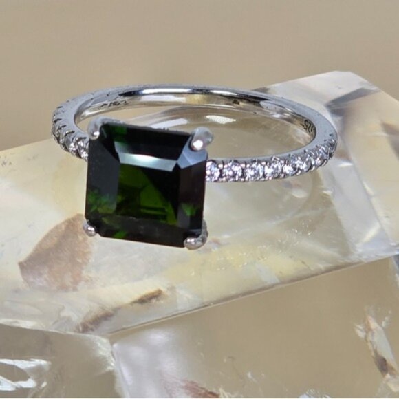 925 Sterling Silvet Ring SZ 8 with Natural Chrome Diopside 8x8mm & CZ - Picture 2 of 10